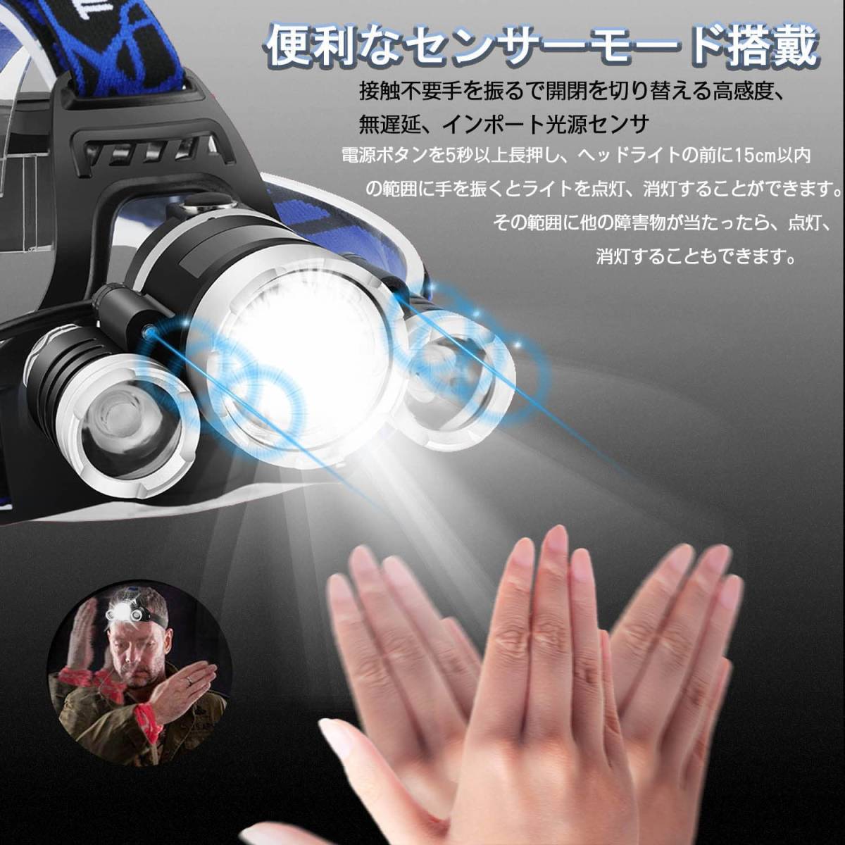 【ヘッドライト３LED 2.0】ヘッドライト USB充電式 LED 超高輝度 人感センサー led ライト 小型 軽量 ヘッドランプ ヘッドライト の画像2