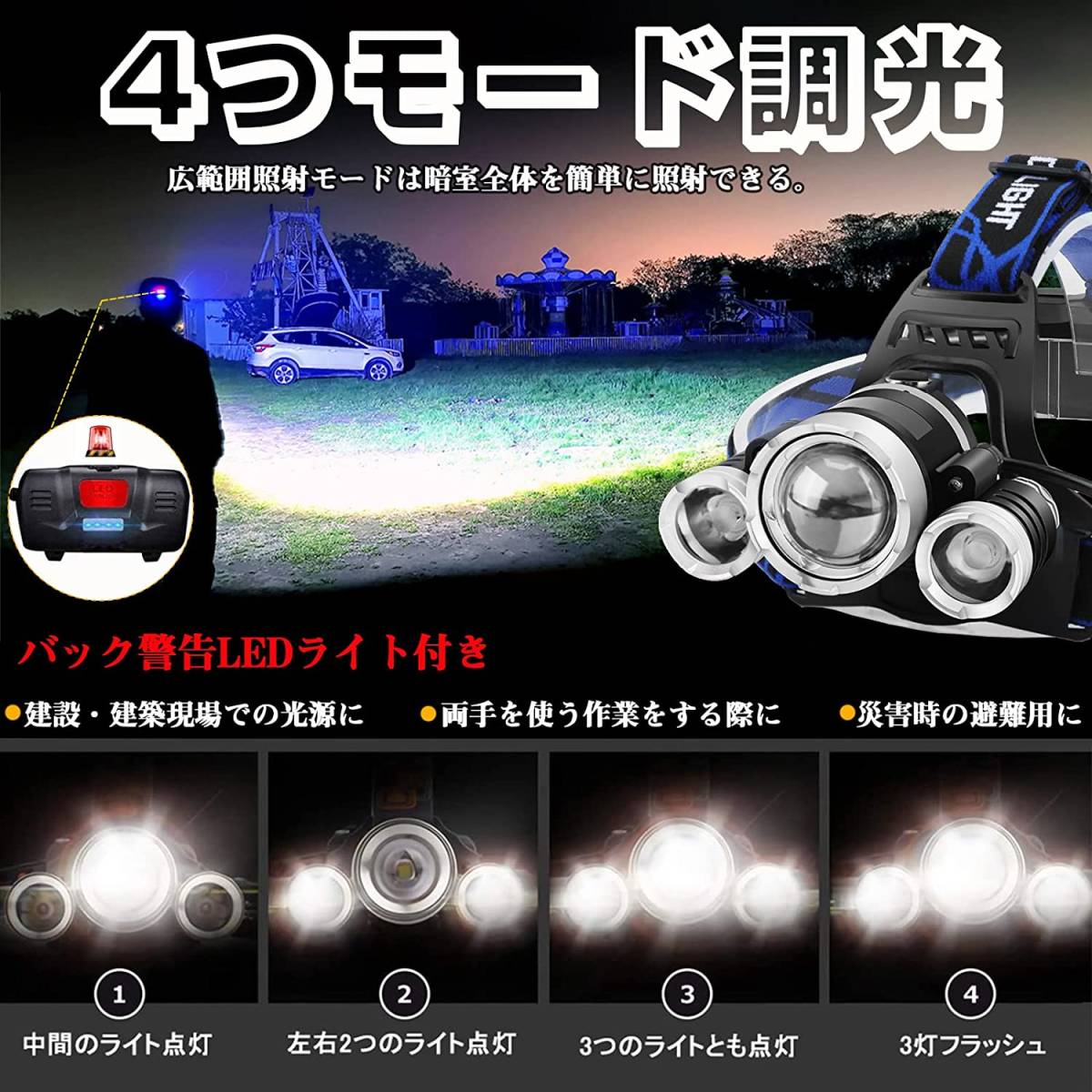 【ヘッドライト３LED　2.0】ヘッドライト USB充電式 LED 超高輝度 人感センサー led ライト 小型 軽量 ヘッドランプ ヘッドライト _画像4
