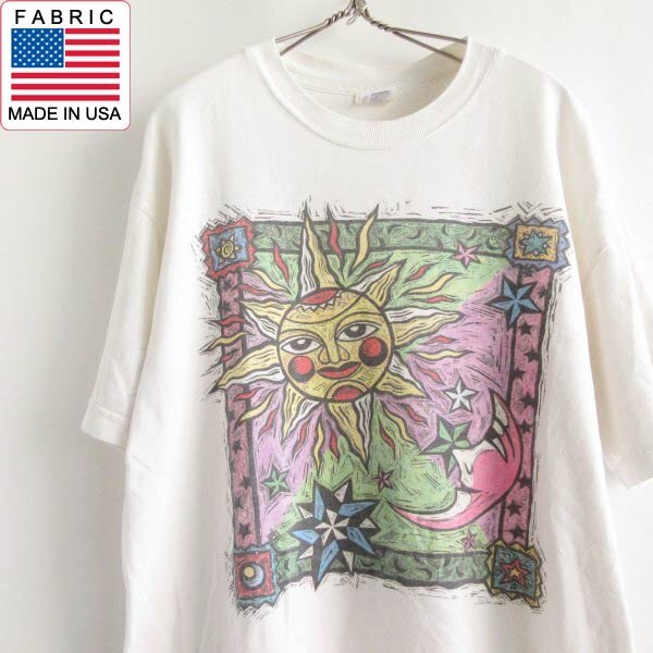 90s Human-i-Tees アート プリント 半袖 Tシャツ 白系 Lサイズ 90年代 ビンテージ 丸首 丸胴 D147-01-0003ZVW_画像1