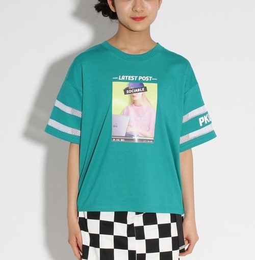 ラスト　新品　PINK-latte　転写袖すけライン Ｔシャツ　ライトパープル(081)16(S160cm)　定価3190円_画像2