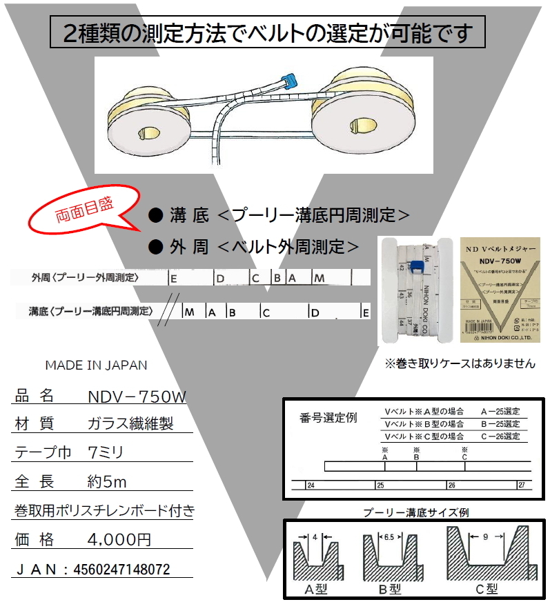 日本度器 ND Vベルトメジャー NDV-750W テープ巾7mm 全長約5m 巻取用ポリスチレンボード付き_画像2