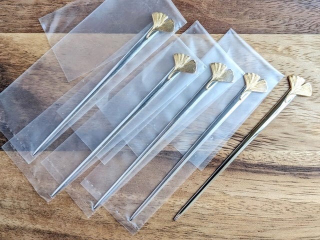 金工師造 洋銀製 菓子切り 楊枝 ５本セット 銀杏葉図 NICKEL SILVER ニッケルシルバー 和楊枝　箱なし_お届けする全てです。箱はありません。