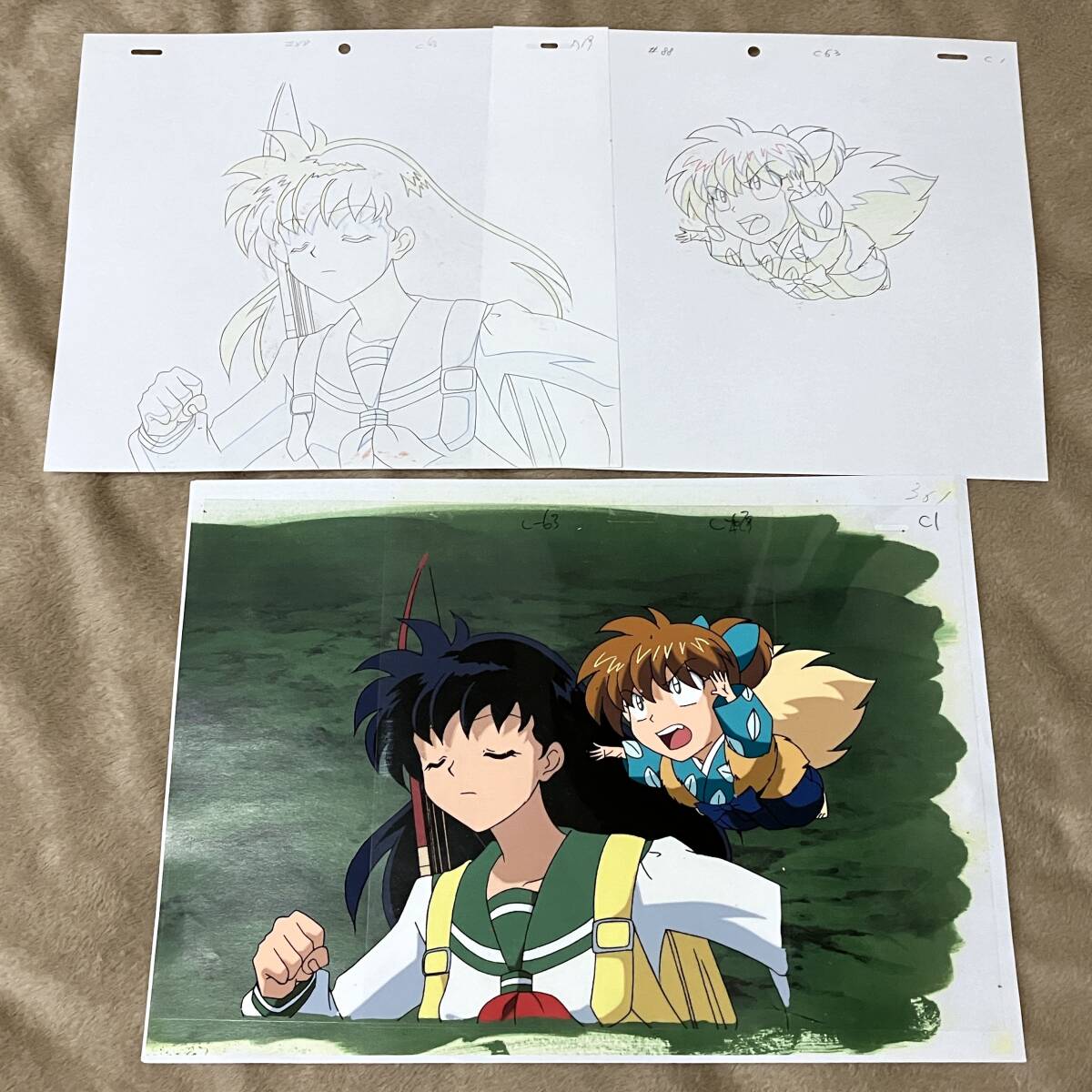 犬夜叉 セル画&原画 4枚セット かごめ&七宝／ Cel Genga_画像2