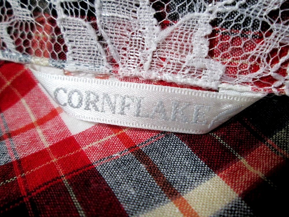 F【CORNFLAKE】赤黒.白.グレー系・チェック柄・ロールアップ半袖・レース付きシャツブラウス・Lサイズ!_画像5