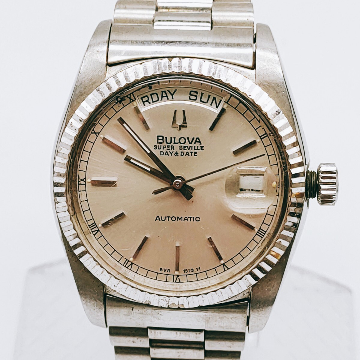 【動作品】BULOVA ブローバ SUPER SEVILLE スーパーセビル AT オートマ シルバー文字盤 自動巻き 腕時計 DAY DATE ヴィンテージ とけい の画像1