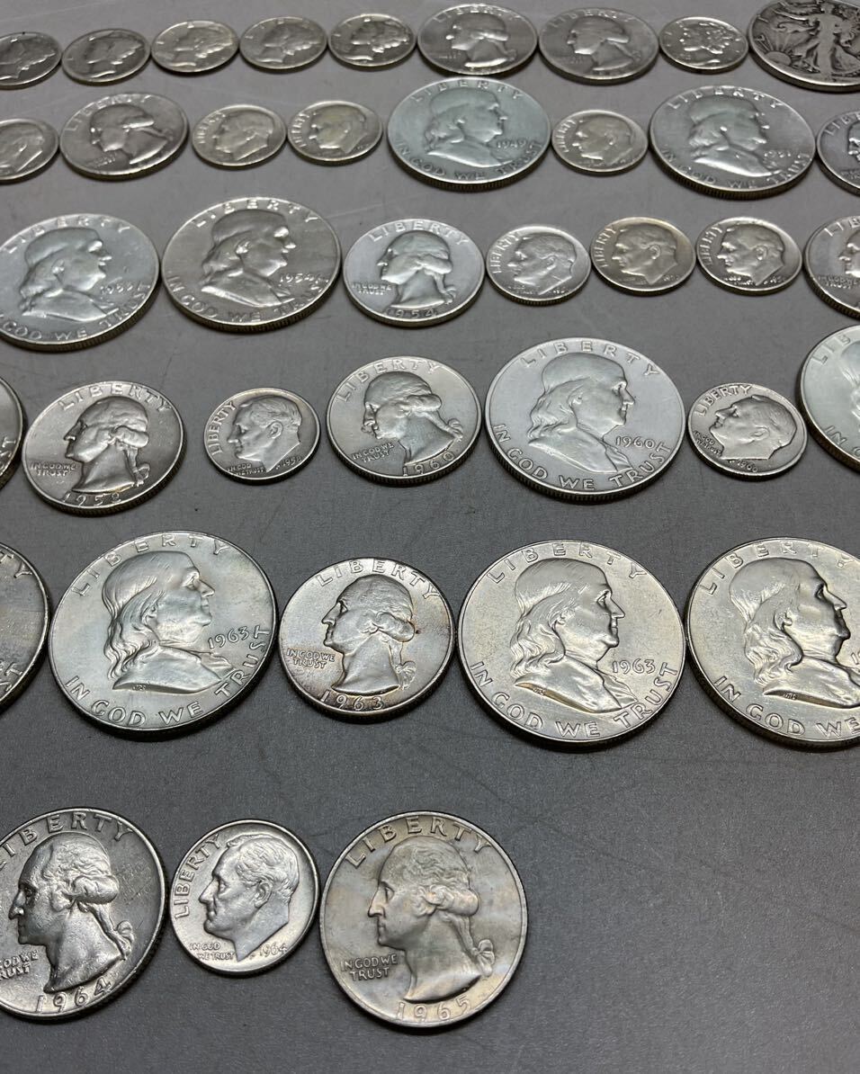 大量まとめ 銀貨 銀900 1916年〜1964年 アメリカ硬貨 60点コイン 50・25・5セント 重量 383g 貨幣_画像5