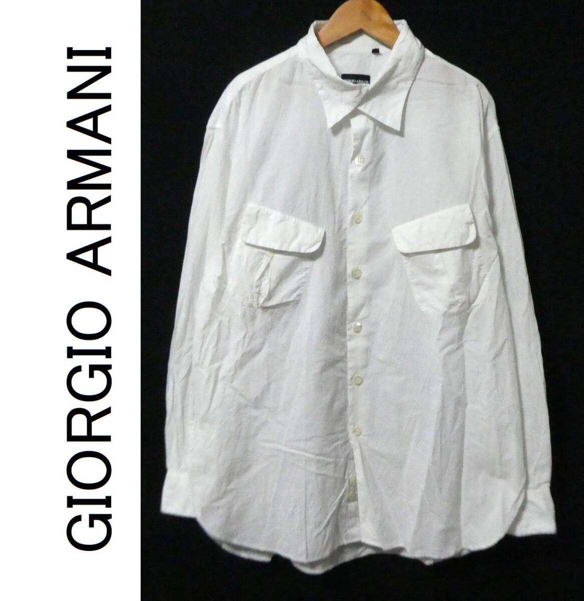 正規品 イタリア製 最高峰黒タグ GIORGIO ARMANI ジョルジオアルマーニ コットン 長袖デザインシャツ 42/16ハーフ 白 ホワイトの画像1