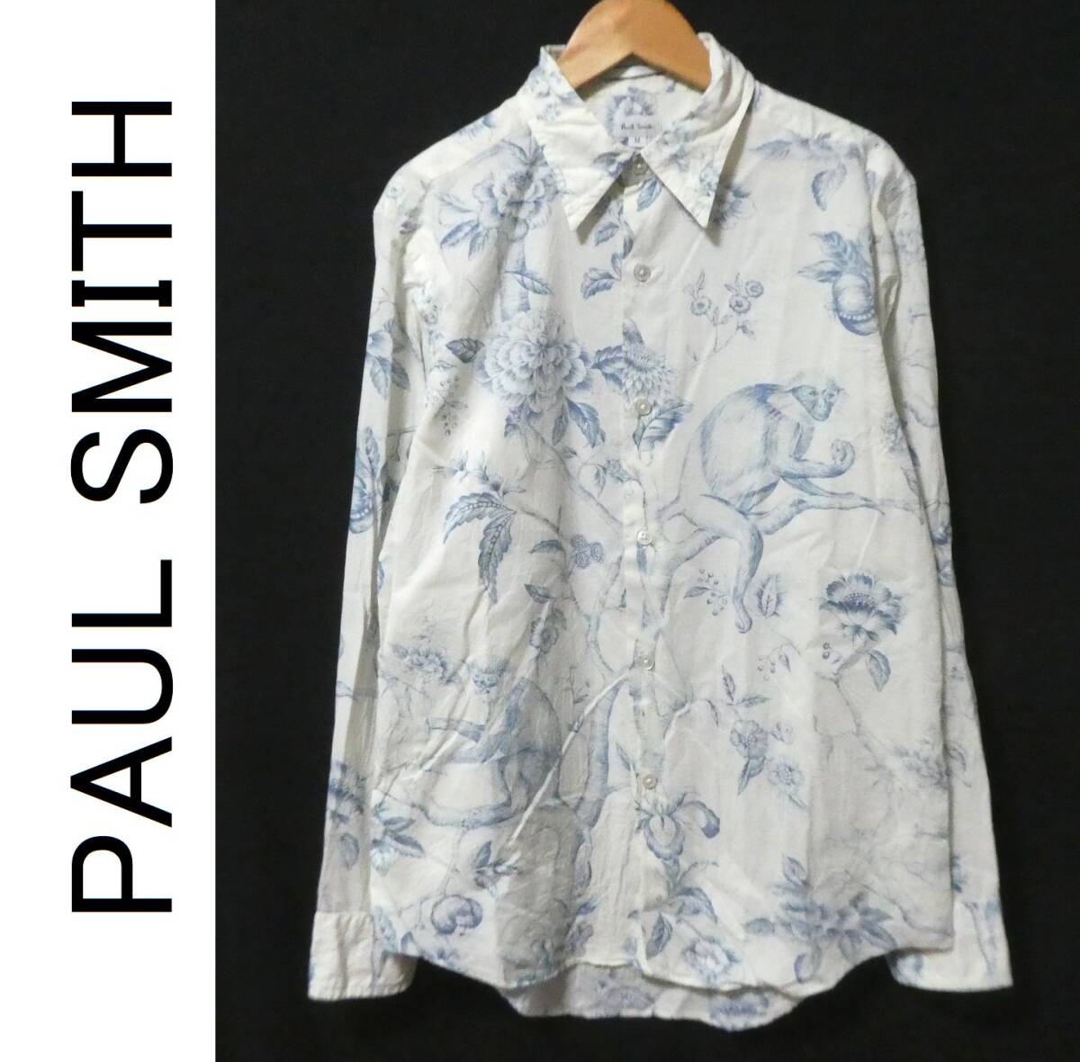 正規品 PAUL SMITH ポールスミス 総柄 花柄 猿柄 長袖シャツ M 白 ホワイト の画像1