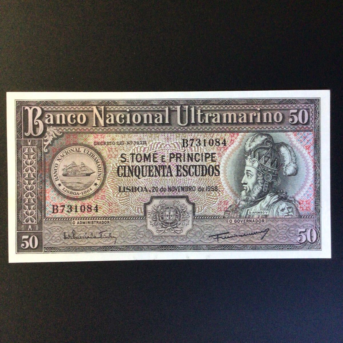 World Paper Money SAINT THOMAS & PRINCE 50 Escudos【1958】._画像1