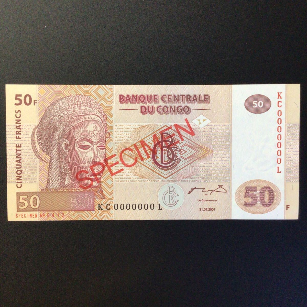 World Paper Money CONGO DEMOCRATIC REPUBLIC 50 Francs【2007】〔G&D〕〔SPECIMEN〕の画像1