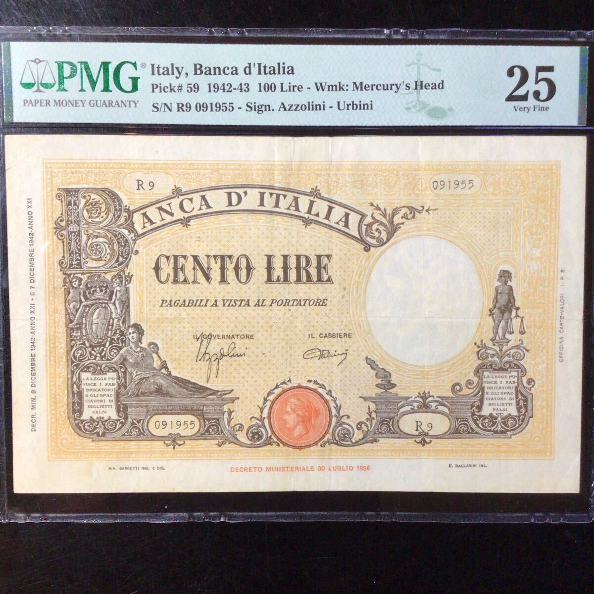 World Banknote Grading ITALY《Banca d'Italia》100 Lire【1942】『PMG Grading Very Fine 25』_画像1