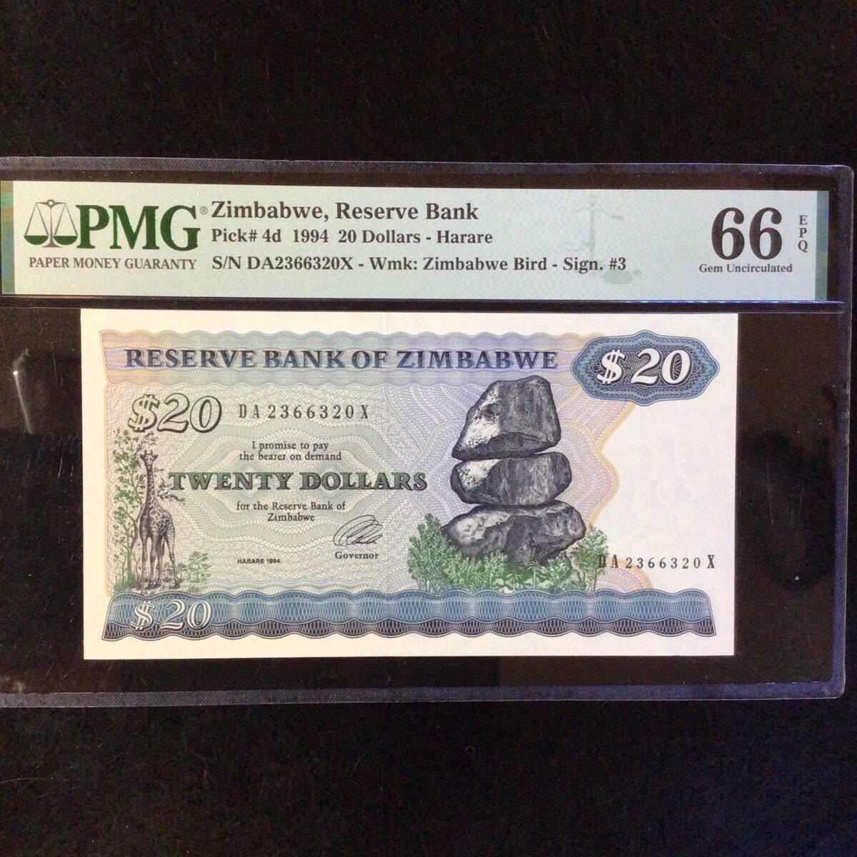 World Banknote Grading ZIMBABWE《Reserve Bank》20 Dollars【1994】『PMG Grading Gem Uncirculated 66 EPQ』_画像1