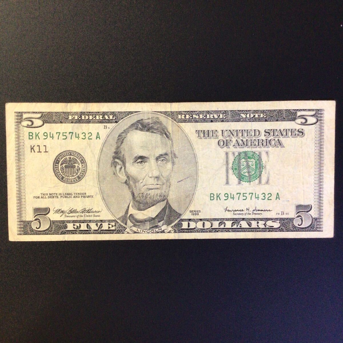 World Paper Money UNITED STATES OF AMERICA 5 Dollars【1999】の画像1