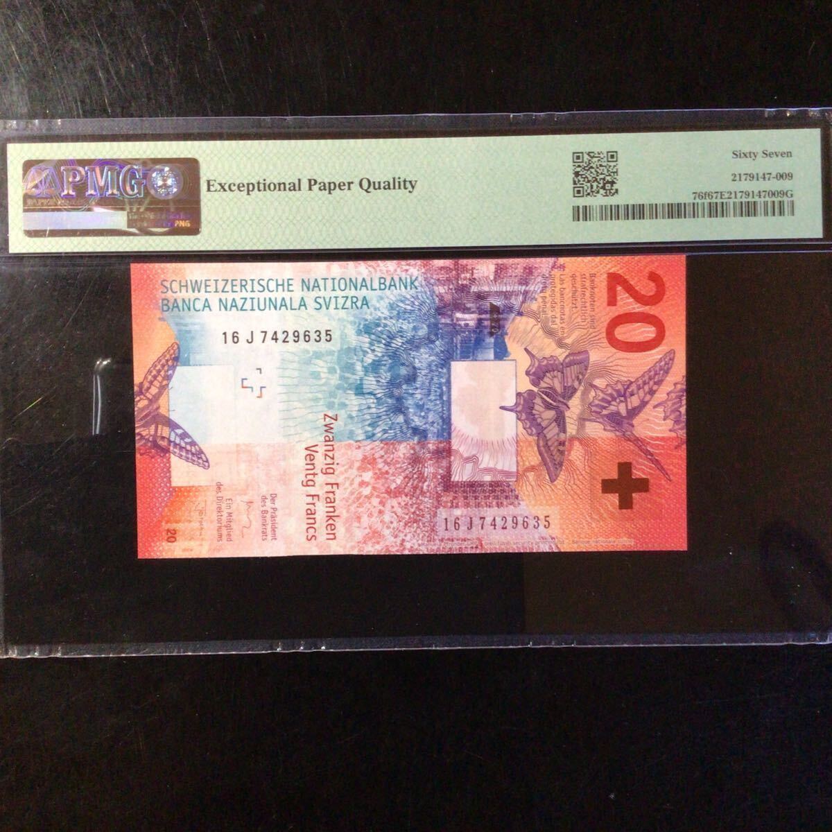 World Banknote Grading SWITZERLAND《National Bank》20 Franken【2016】『PMG Grading Superb Gem Uncirculated 67 EPQ』_画像2