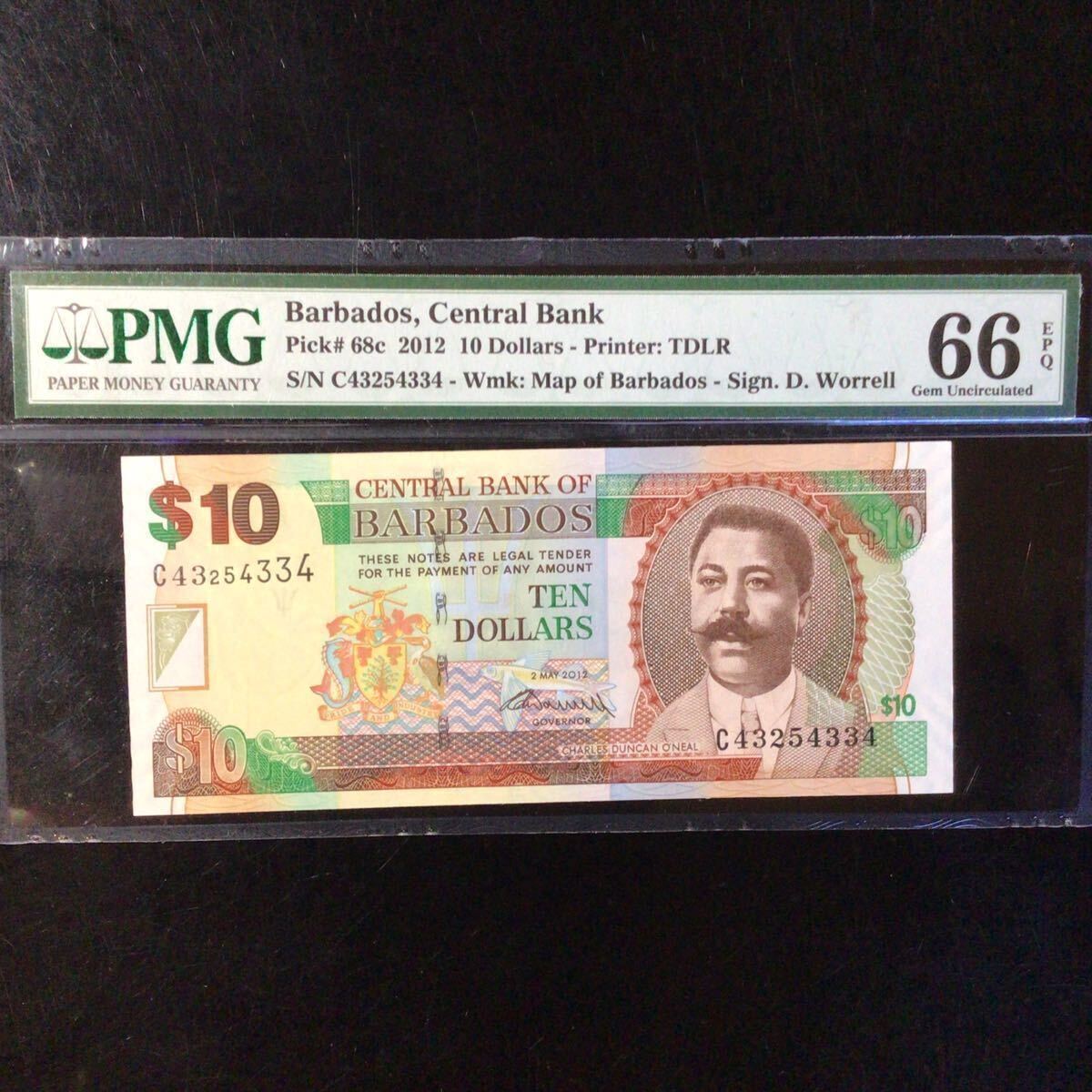 World Banknote Grading BARBADOS《 Central Bank 》10 Dollars【2012】『PMG Grading Gem Uncirculated 66 EPQ』_画像1