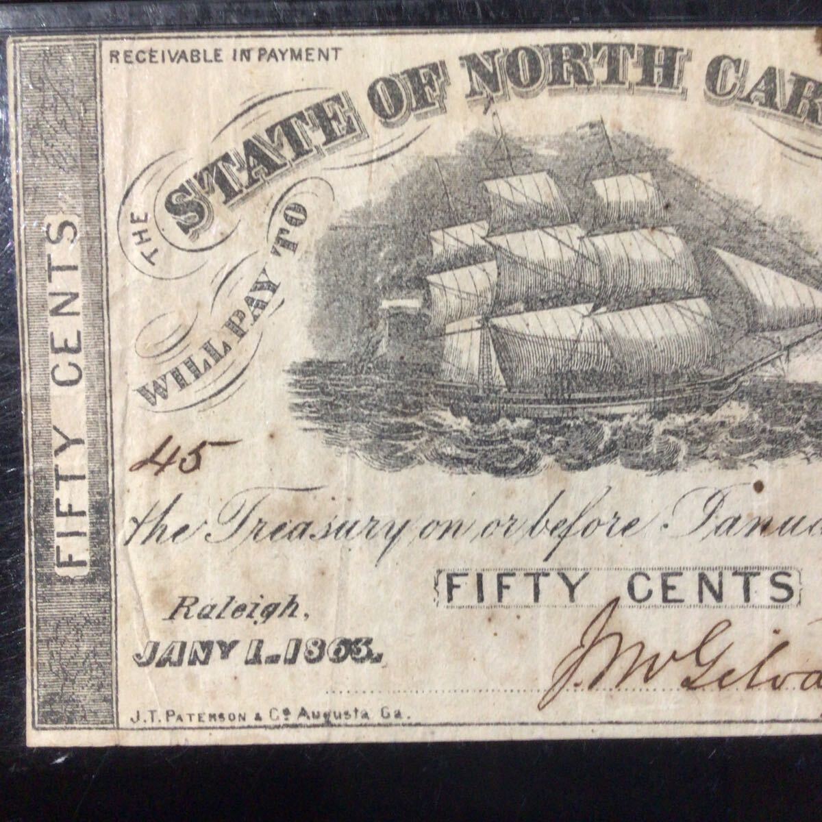 World Banknote Grading UNITED STATES《North Carolina：Raleigh》50 Cents【1863】『PMG Grading Very Fine 25』_画像3