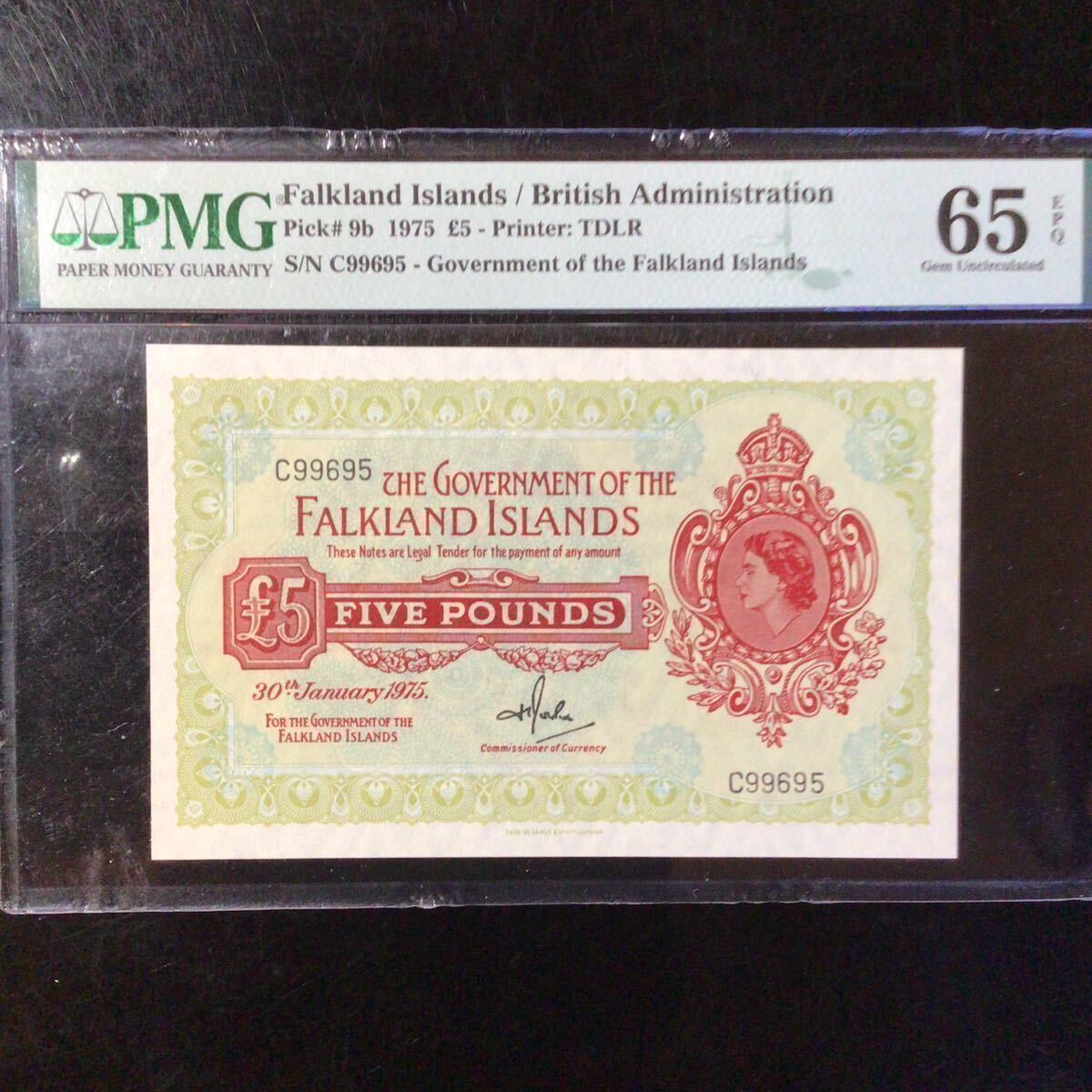 World Banknote Grading FALKLAND ISLANDS《British Administration》5 Pounds【1975】『PMG Grading Gem Uncirculated 65 EPQ』_画像1
