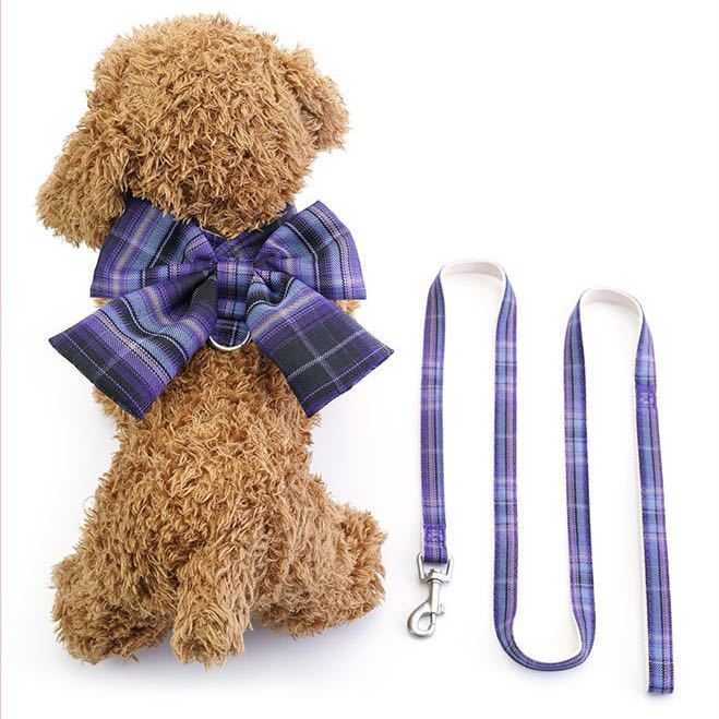 L ビッグリボン チェック ハーネス リード セット （紫短丈） 犬の服 犬服 猫服 ペット服 ペット用品 お散歩