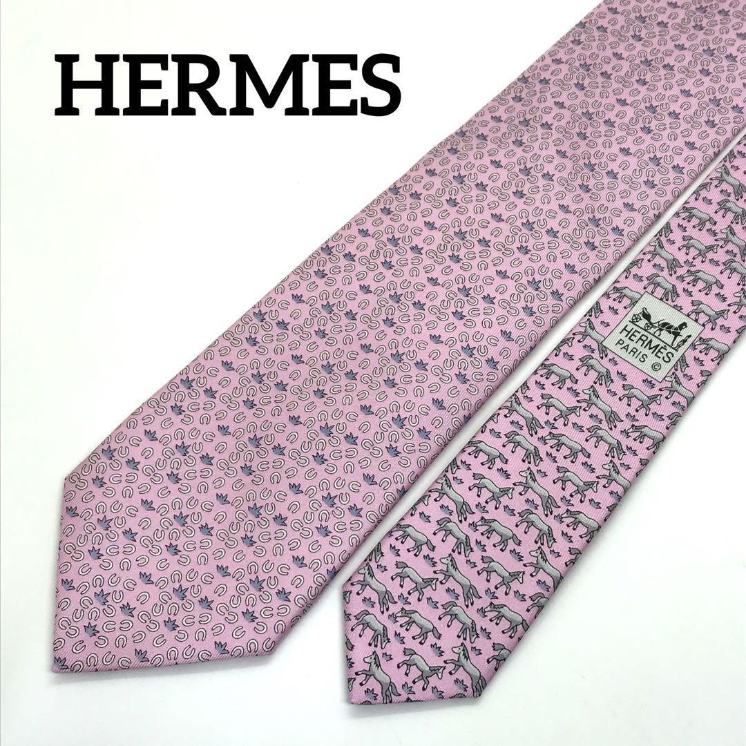 現行タグ　近年モデル　HERMES エルメス ネクタイ　馬　蹄　ピンク