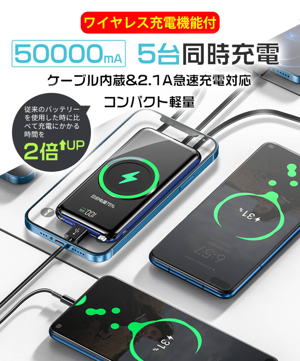 ワイヤレスモバイルバッテリー50000mAh大容量 iphone lightning タイプC Type-A5台同時充電 急速充電 ケーブル内蔵 薄型 PSE認証 ホワイト_画像2