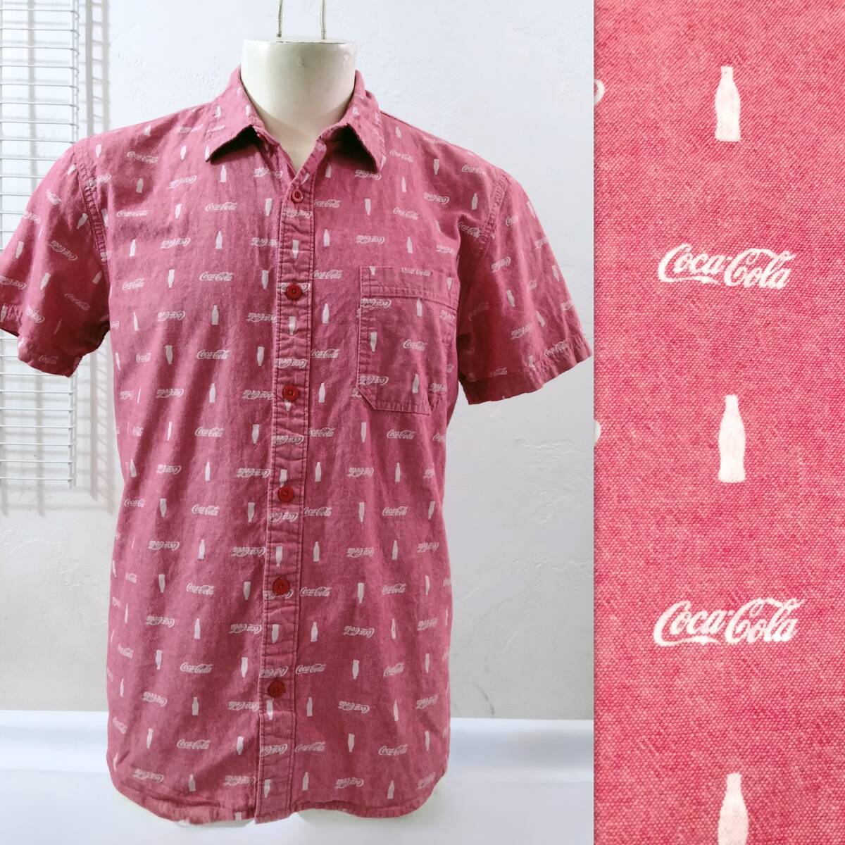 コカコーラ コカ・コーラ Coca‐Cola 公式 男性用 コットン 半袖シャツ ロゴ柄 ピンク系 Mサイズ_画像1