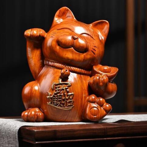 花梨木彫 招き猫 玄関 客間の置物 招財 職人手作り 木彫り インテリア 開運 仏像 子宝 まねきねこの画像1
