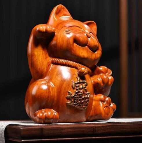 花梨木彫 招き猫 玄関 客間の置物 招財 職人手作り 木彫り インテリア 開運 仏像 子宝 まねきねこの画像3