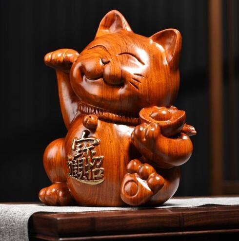 花梨木彫 招き猫 玄関 客間の置物 招財 職人手作り 木彫り インテリア 開運 仏像 子宝 まねきねこの画像2