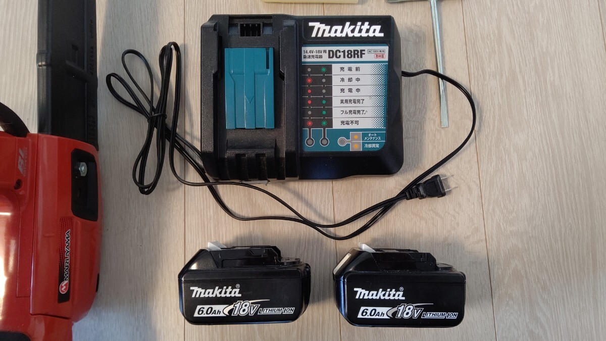 丸山バッテリーチェンソー マキタ充電器、バッテリー２個付 １度だけ使用の美品 DC18RF 18V6.0Ah makita 工具 充電器の画像2