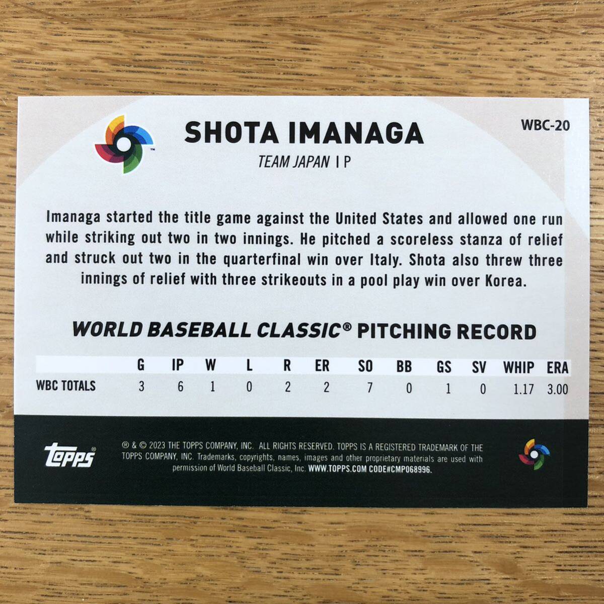 【WBC-20 Shota Imanaga 今永昇太 Chicago Cubs シカゴ・カブス】2023 Topps MLB Baseball JAPAN SPECIAL EDITION/World Baseball Classicの画像2