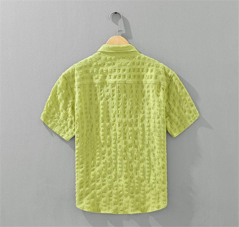 半袖シャツ　夏用の薄手の涼しいシャツ　カジュアルシャツ　サマーシャツ　シワ生地　アロハシャツ　トップス【YH1260】緑系　L_画像2