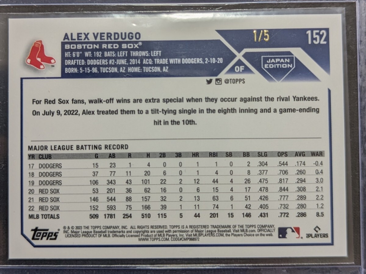 1/5 Topps Japan Edition 2023 Alex Verdugo アレックス・ベルドゥーゴ Red Sox Yankees ヤンキース 5枚限定 1st Number _画像3