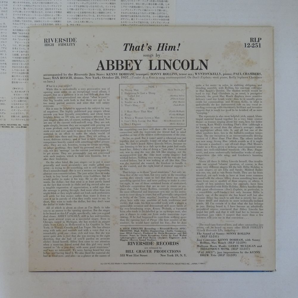 46069947;【国内盤/RIVERSIDE/MONO】Abbey Lincoln With The Riverside Jazz Stars / That's Himの画像2