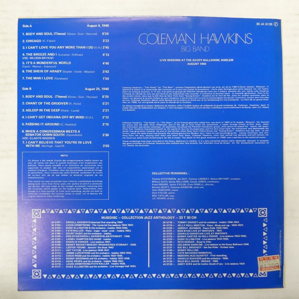 46070190;【France盤/Musidisc/コーティングジャケ/美盤】Coleman Hawkins Big Band / Live Sessions At The Savoy Ballroom, Harlemの画像2