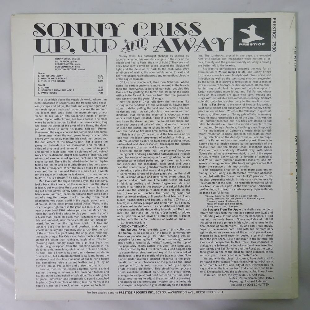 11185745;【US盤/Prestige/紺ラベル】Sonny Criss / Up, Up And Awayの画像2