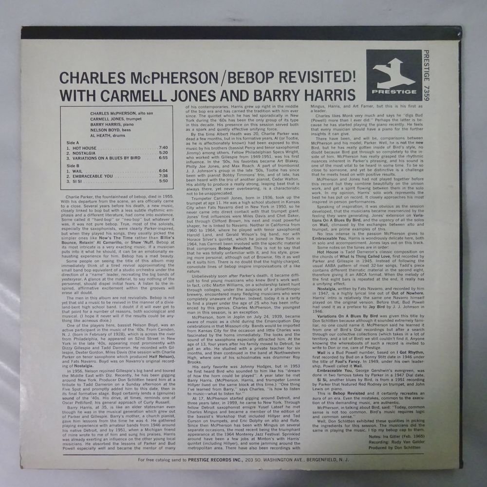 11185744;【US盤/Prestige/コーティングジャケ】Charles McPherson With Carmell Jones And Barry Harris / Bebop Revisited!の画像2