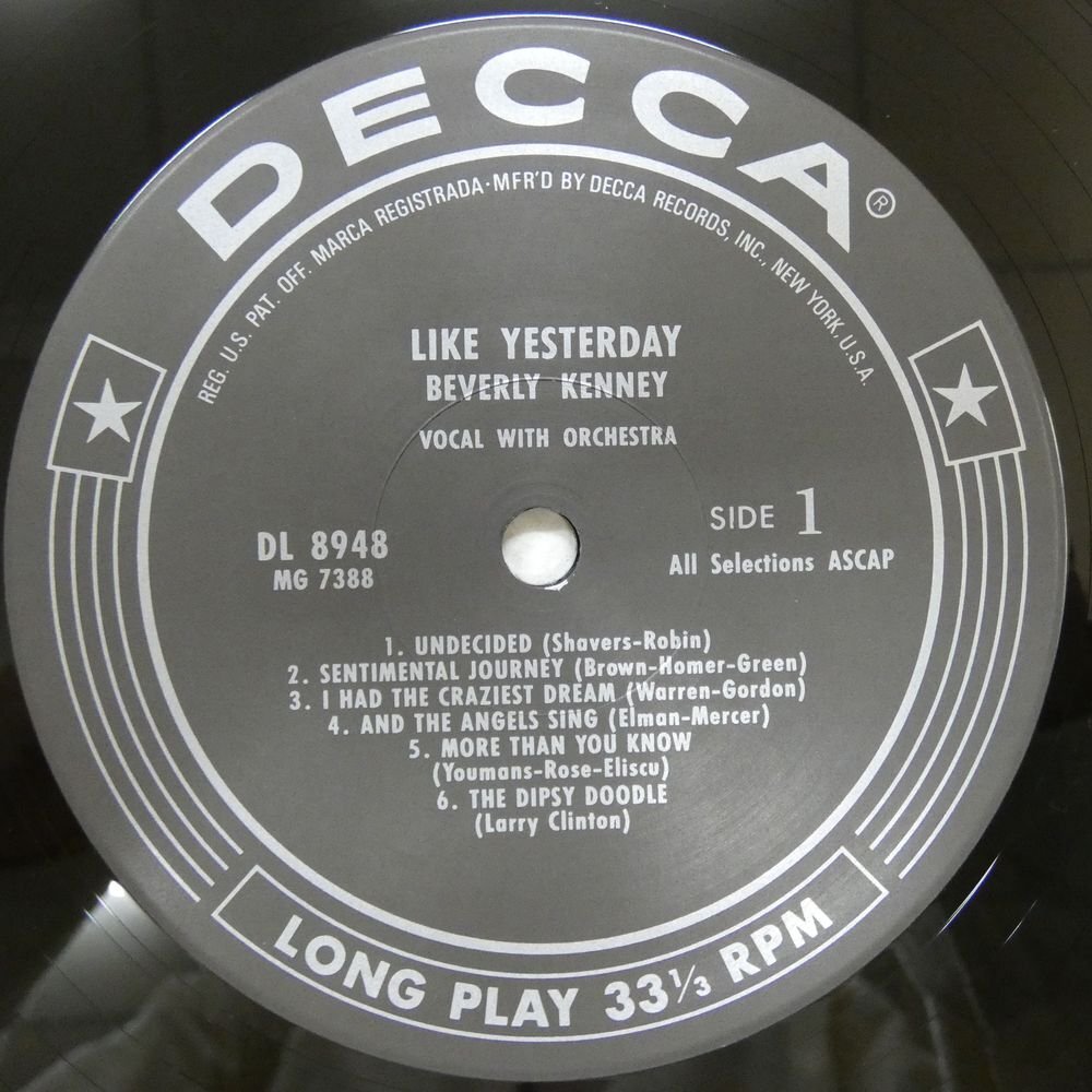 46072604;【国内盤/DECCA/MONO/美盤】Beverly Kenney / Like Yesterdayの画像3