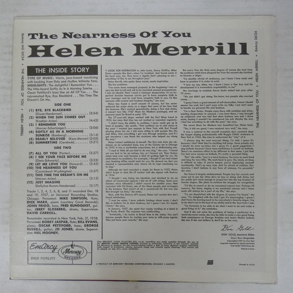 46073766;【US盤/MONO】Helen Merrill / The Nearness Of Youの画像2