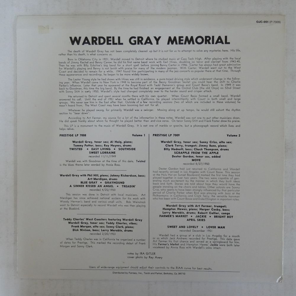 46074202;【US盤/OJC Prestige】Wardell Gray / Memorial Volume 2の画像2