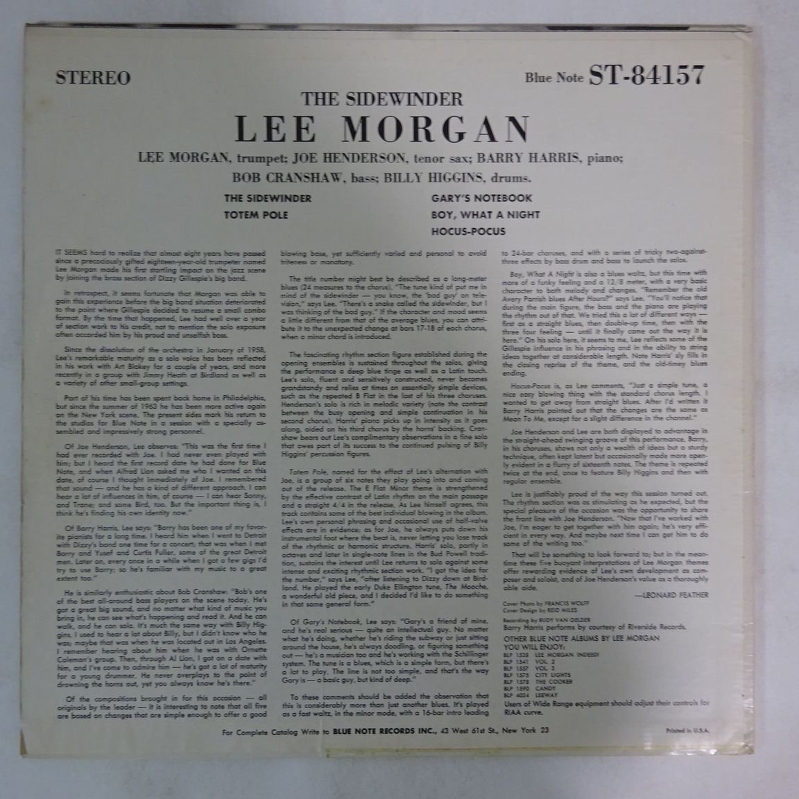 14030627;【US盤/BLUE NOTE/NewYork/VAN GELDER刻印/耳】Lee Morgan リー・モーガン / The Sidewinder ザ・サイドワインダーの画像2