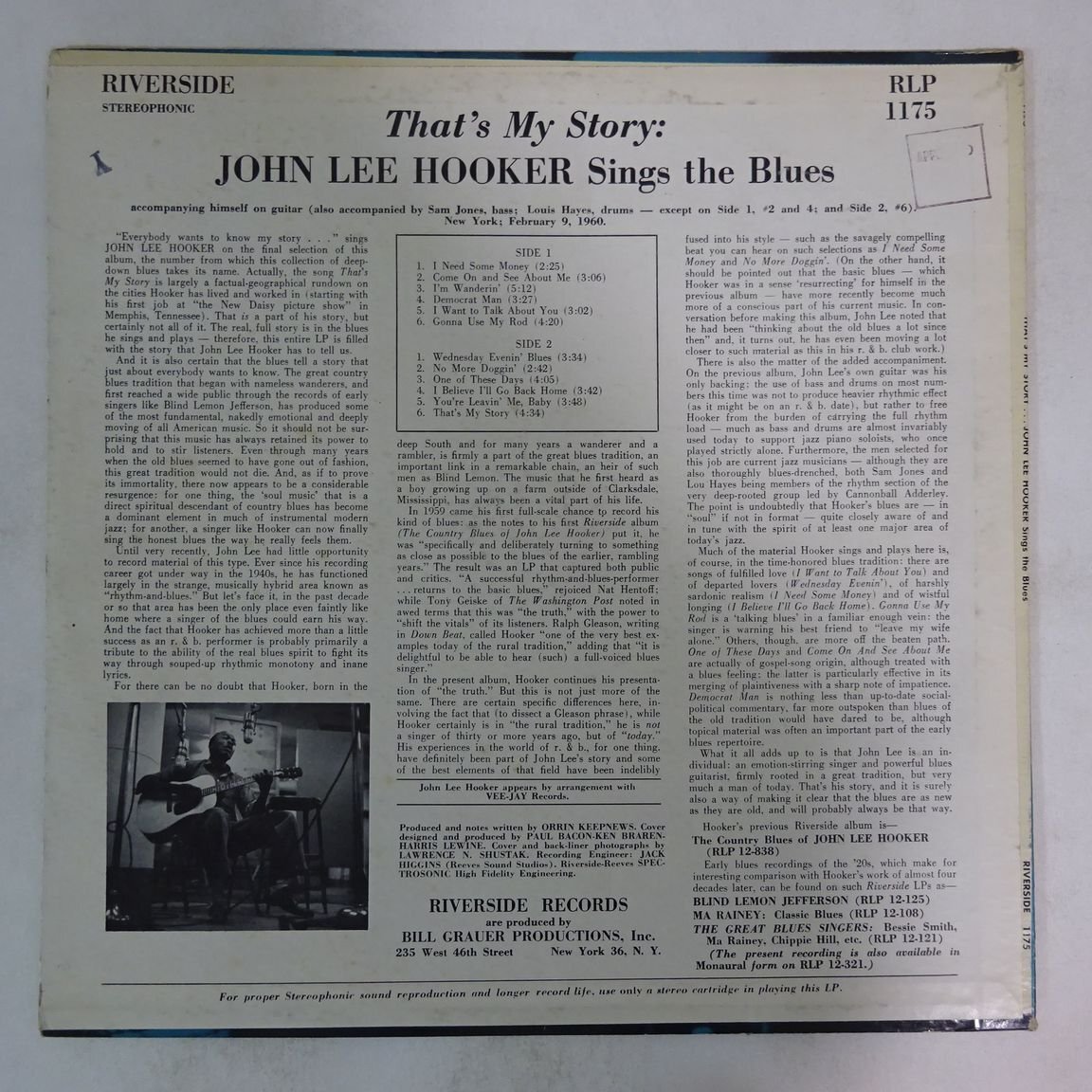 14030624;【US初期プレス/RIVERSIDE/黒大ラベル】John Lee Hooker / That's My Story John Lee Hooker Sings The Bluesの画像2