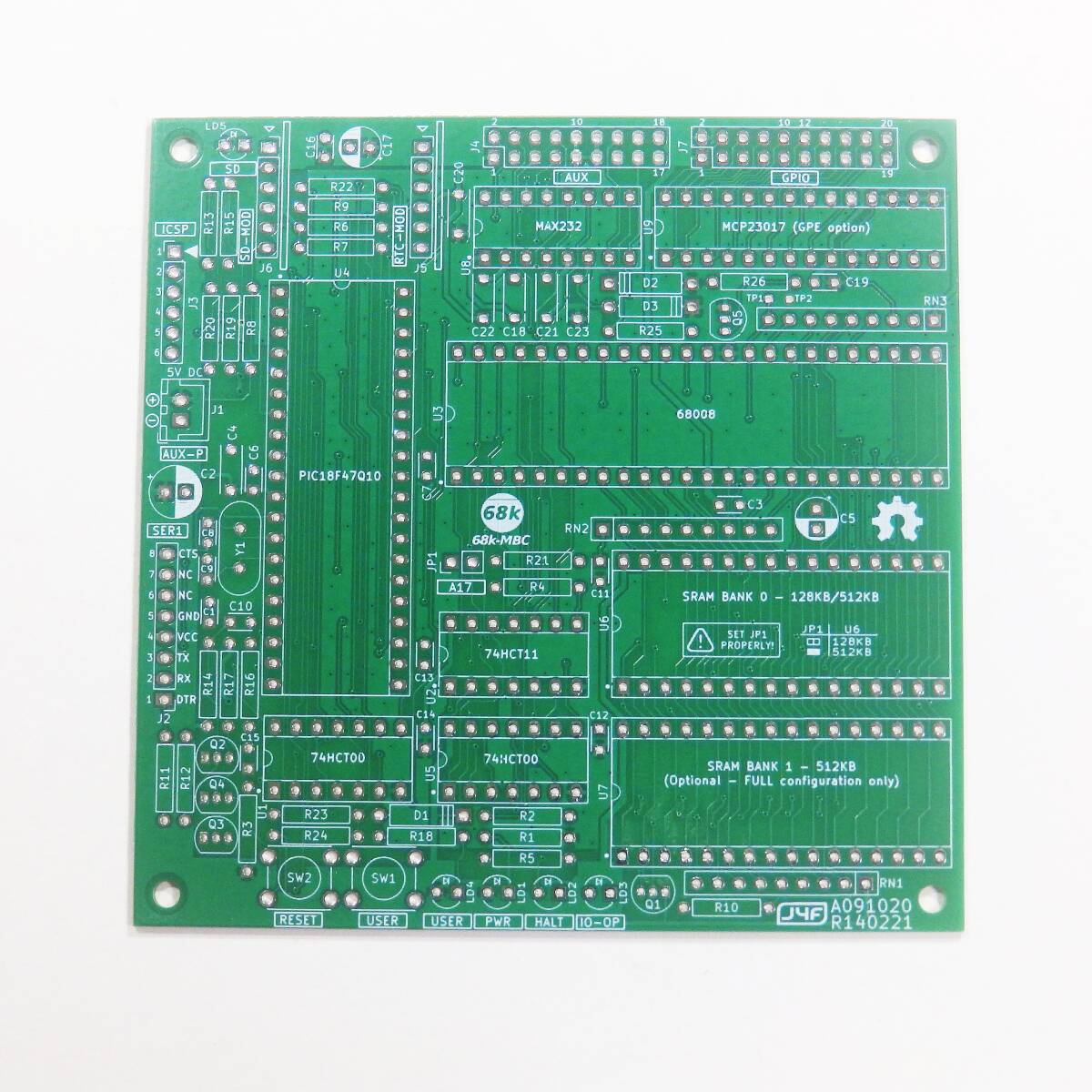 68K-MBC プリント基板 緑 ICソケット6ピンXHセット マイコンボード 電子工作 CPU CP/M モトローラ MC 68008 PIC18F47Q10 MAX232 eb9ebの画像2