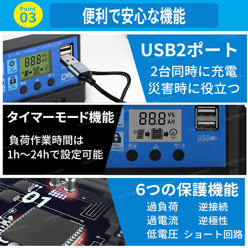 ソーラー チャージ チャージャー コントローラー バッテリー 充電 USB LCD 太陽光 キャンピングカー 安全 キャンピングカー 30A 12V 24Vの画像4