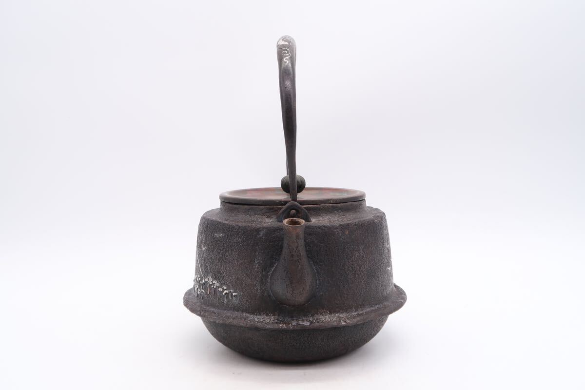 釜師 造 銅銀象嵌 鉄瓶 銅蓋 在銘 煎茶道具 湯沸 急須 煎茶道具 時代物 の画像4