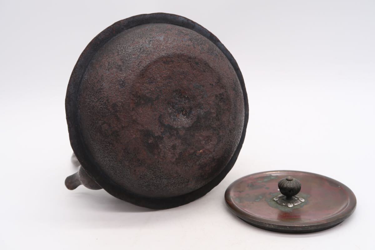 釜師 造 銅銀象嵌 鉄瓶 銅蓋 在銘 煎茶道具 湯沸 急須 煎茶道具 時代物 の画像7