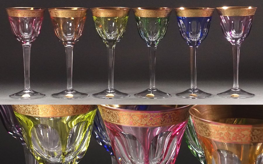 ∇花∇最高峰ボヘミアガラス【モーゼル/MOSER】 色被カットガラス 金彩草葉文ワイングラス 華麗な6色セット 純正BOX付の画像1