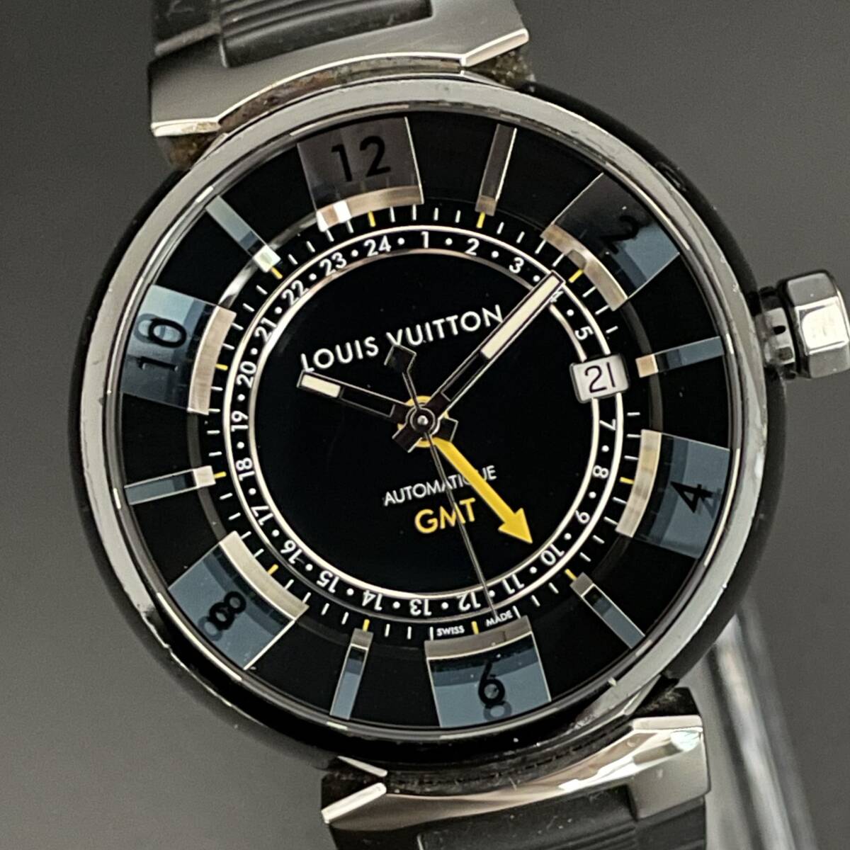 【外箱付】ルイヴィトン Q113K タンブール デイト 黒 ブラック 40㎜ 男性用 メンズ腕時計 GMT 自動巻 紳士 黄針 動作良好 _画像1