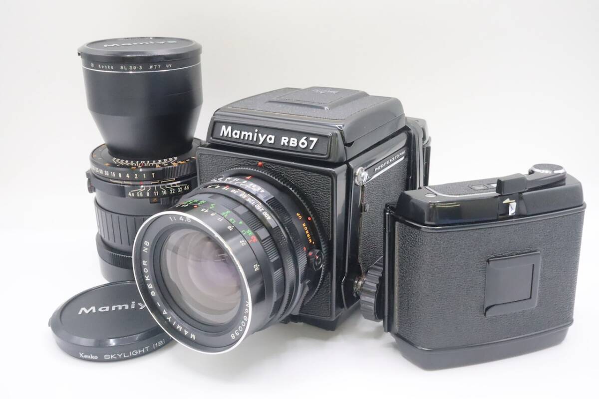 Mamiya RB67 MAMIYA-SEKOR NB 1:4.5 f=65mm MAMIYA-SEKOR 1:4.5 f=250mm マミヤ 動作確認済み 予備フィルムバック付き 純正ストラップ付き