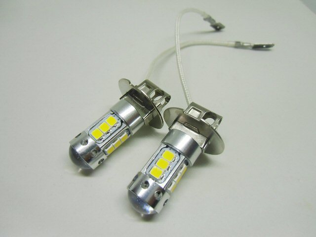 メール便可 プロジェクターレンズ付 2835チップ H3 LED ショートバルブ フォグランプ ゴールデン イエロー 黄色 2個 12V/24V 兼用 E_画像3