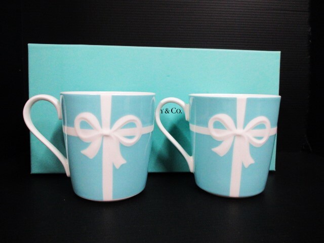 Tiffany ティファニー マグカップ リボン ペアカップ ブルー 未使用 食器 コップ カップ 箱あり